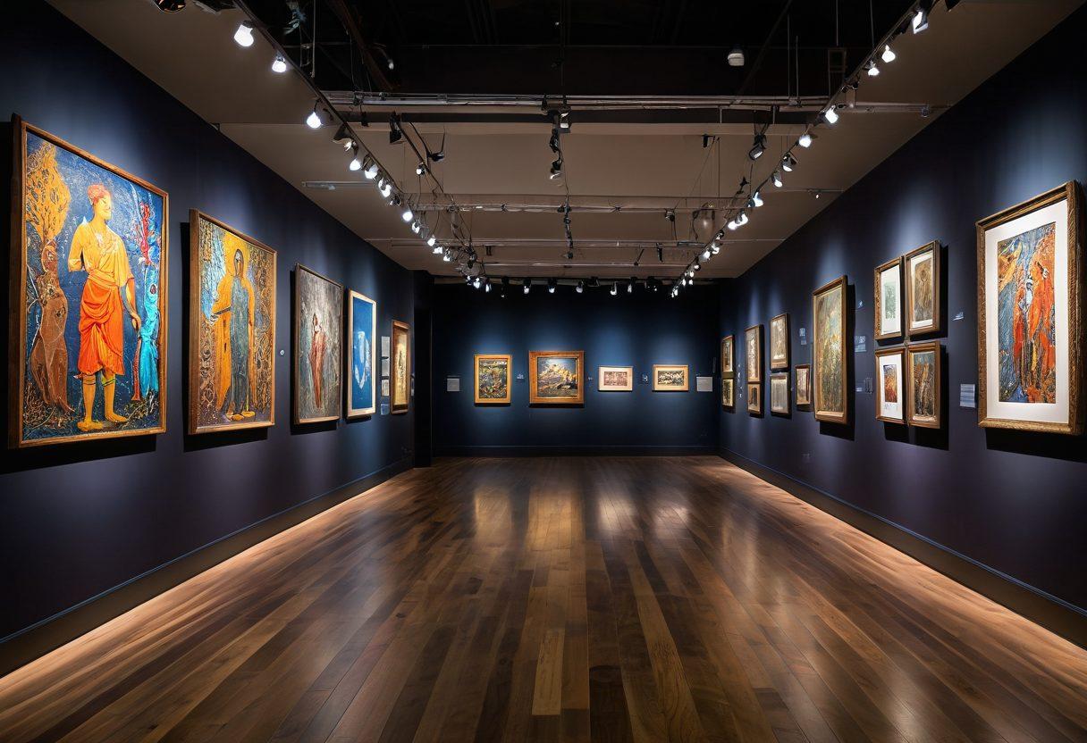 A vibrant museum gallery filled with diverse exhibits, showcasing ancient artifacts, modern art pieces, and interactive displays. The room is bustling with engaged visitors, exploring and discussing the exhibits, under soft, warm lighting. Walls adorned with artistic murals and information panels. The floor is polished wood reflecting the displays above, creating a welcoming and inviting ambiance. super-realistic. vibrant colors. soft lighting.