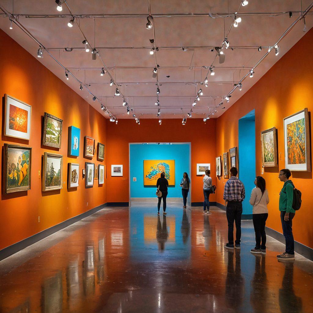 A vibrant museum gallery filled with diverse, captivating art pieces and interactive exhibits. Brightly colored walls adorned with unique artifacts and sculptures, inviting visitors to engage with the displays. Enthusiastic families discovering hidden gems amongst the collections, showcasing joy and curiosity. Soft lighting highlights the textures and details of the artworks. A gentle flow of people exploring together in a lively atmosphere. super-realistic. vibrant colors. 3D.